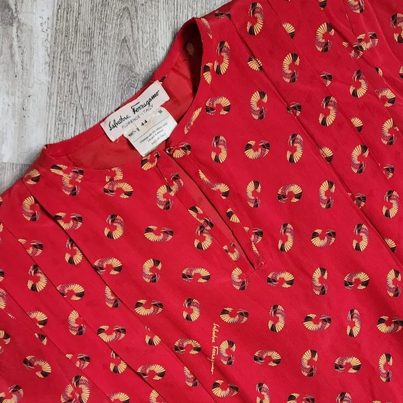 Salvatore Ferragamo Vintage Red All Over Print Dress 100% Silk 80s Size 44 - Picture 4 of 13